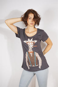 Grey Smoking Giraffe Funny Animal Printed Cotton Women T-shirt Tee Top Timya Wholesale S-Ponder