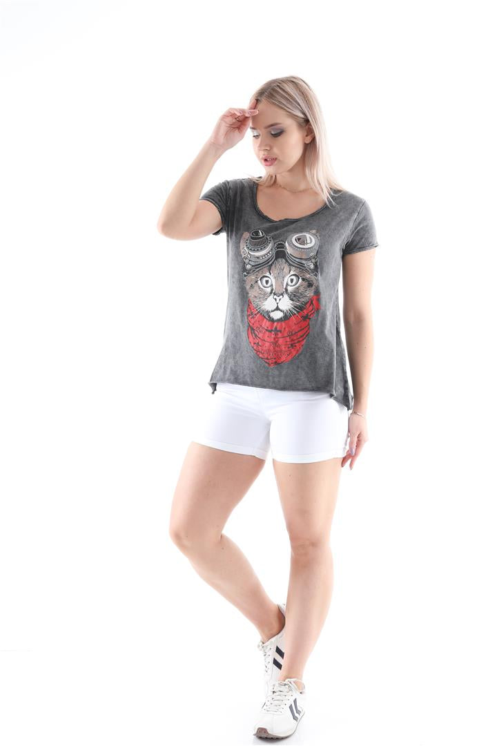 Google Cat Print Women Washed Cotton T-shirt