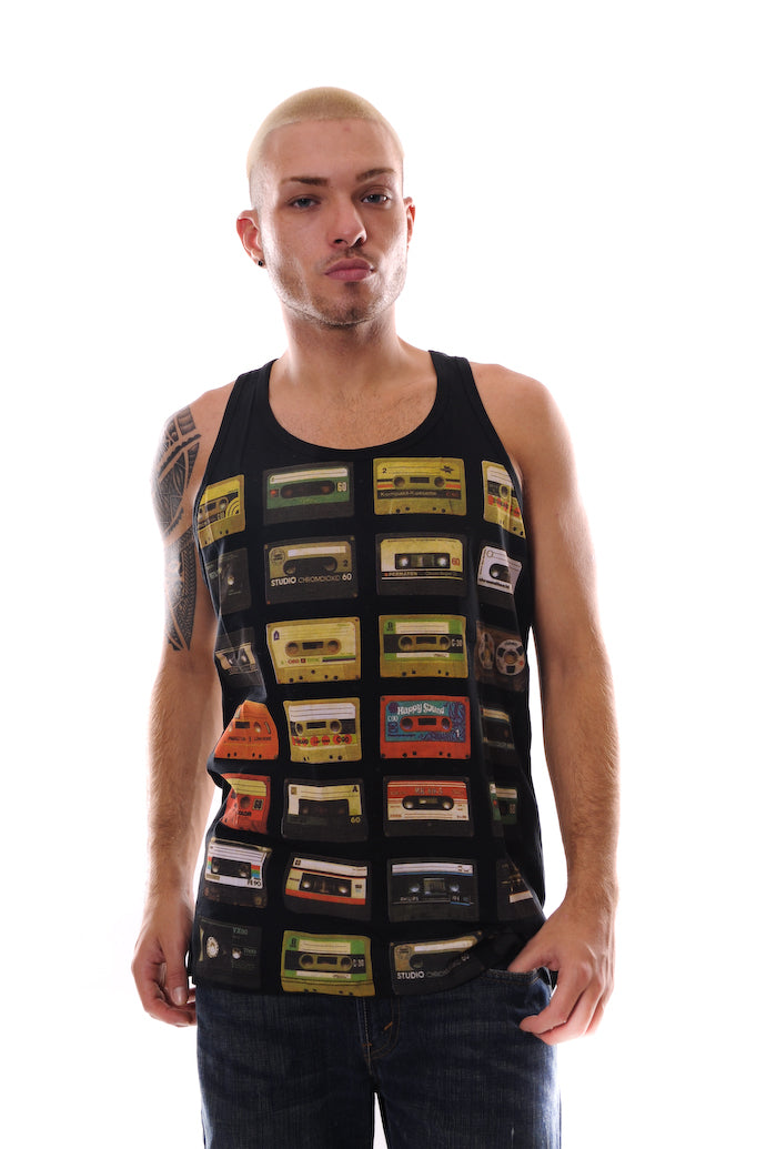 Black Vintage Casette Printed Cotton Vest