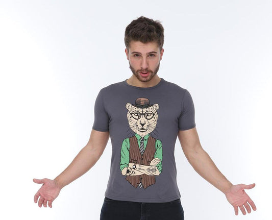 Grey Stylish Lion Printed Cotton T-shirt Tee Top Timya Wholesale S-Ponder