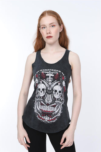 Anthracite Stone Washed Skull Printed Cotton Women Vest Tank Top Timya Wholesale S-Ponder