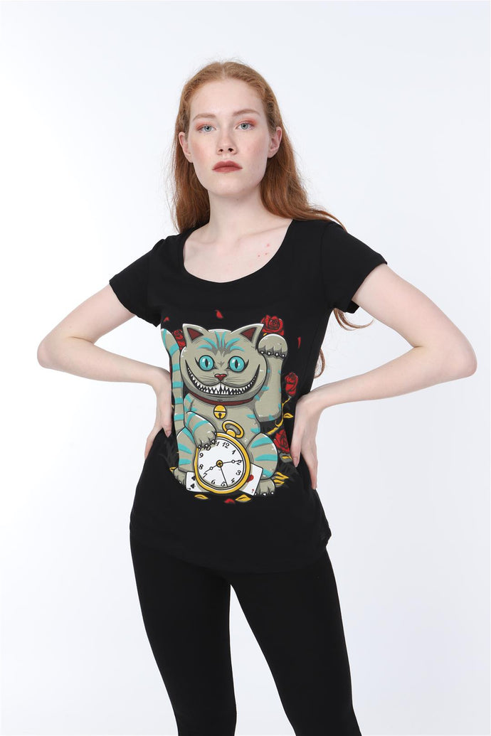 Black Maneki Cat Animal Printed Cotton Women T-shirt Tee Top Timya Wholesale S-Ponder