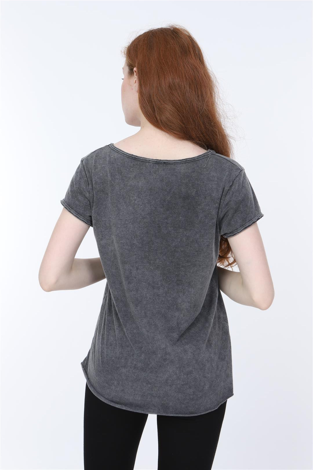 Anthracite Stone Washed Frida Kahlo Printed Cotton Women T-shirt Loose Cut