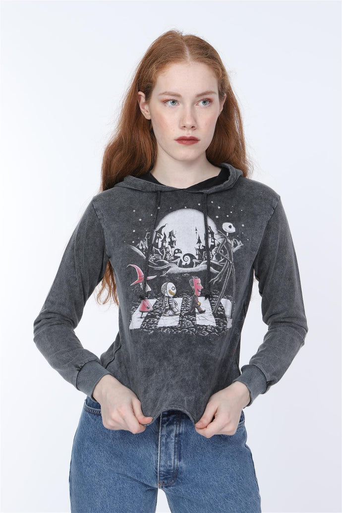 Anthracite Stone Washed Nightmare Printed Cotton Women Crop Top Hoodie