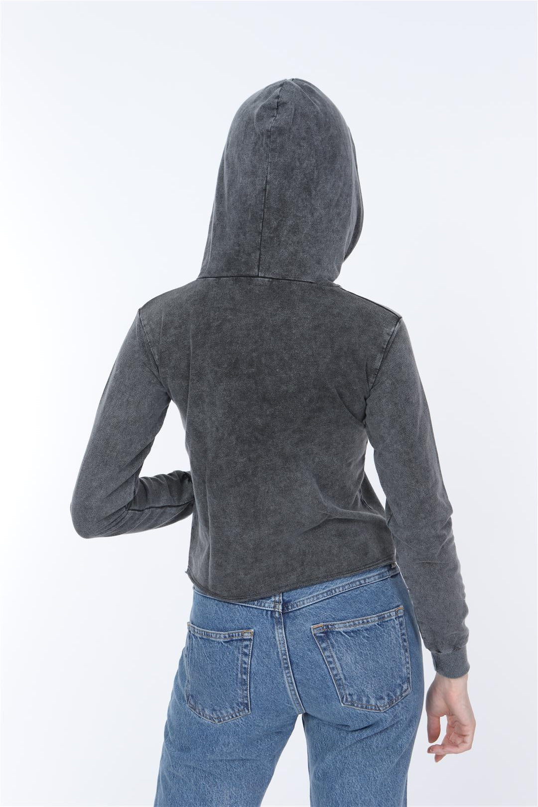 Anthracite Stone Washed Nightmare Printed Cotton Women Crop Top Hoodie