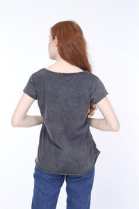 Anthracite Stone Washed Joy Division Printed Cotton Women Scoop Neck T-shirt