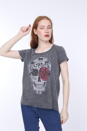 Anthracite Stone Washed Rose Skull Printed Cotton Women Scoop Neck T-shirt Tee Top Timya Wholesale S-Ponder
