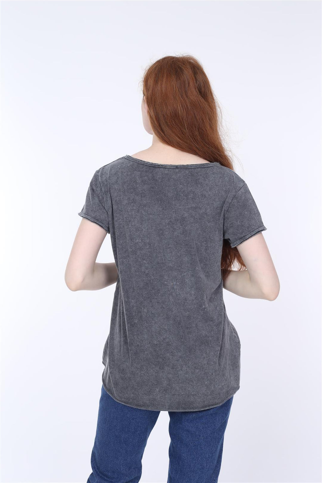 Anthracite Stone Washed Rose Skull Printed Cotton Women Scoop Neck T-shirt