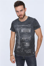 Anthracite Stone Washed T.M McCARTY Guitar Patent Printed Cotton T-Shirt Tee Timya Wholesale S-Ponder