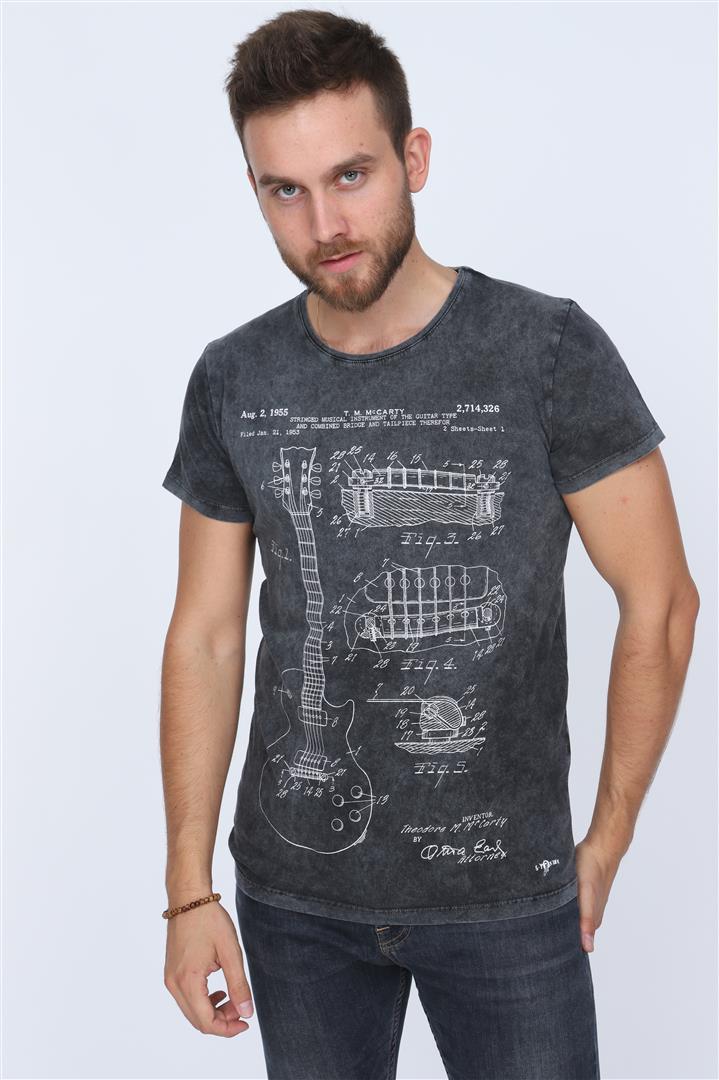 Anthracite Stone Washed T.M McCARTY Guitar Patent Printed Cotton T-Shirt Tee Timya Wholesale S-Ponder