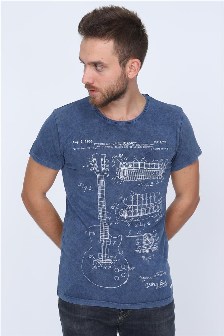 Stone Washed T.M McCARTY Guitar Patent Printed Cotton T-Shirt