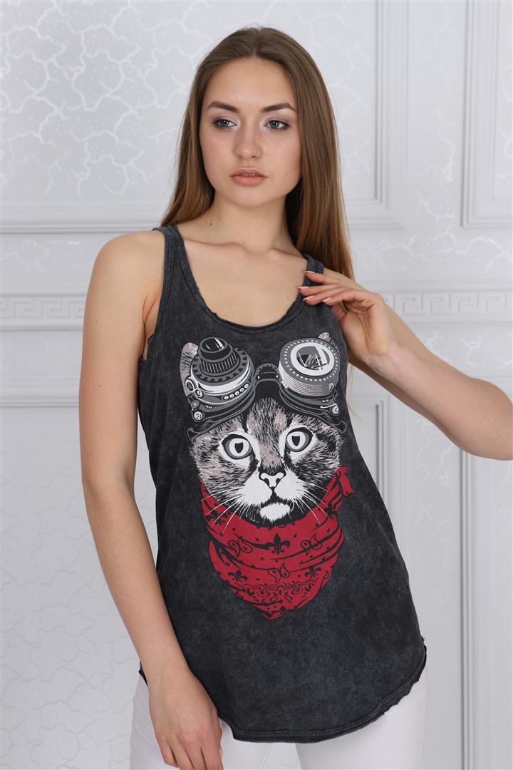 Stone Washed Google Cat Animal Printed Cotton Women Vest