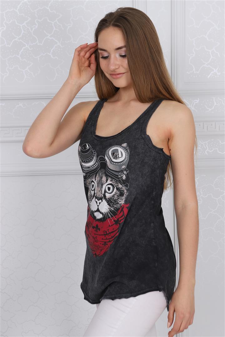 Stone Washed Google Cat Animal Printed Cotton Women Vest