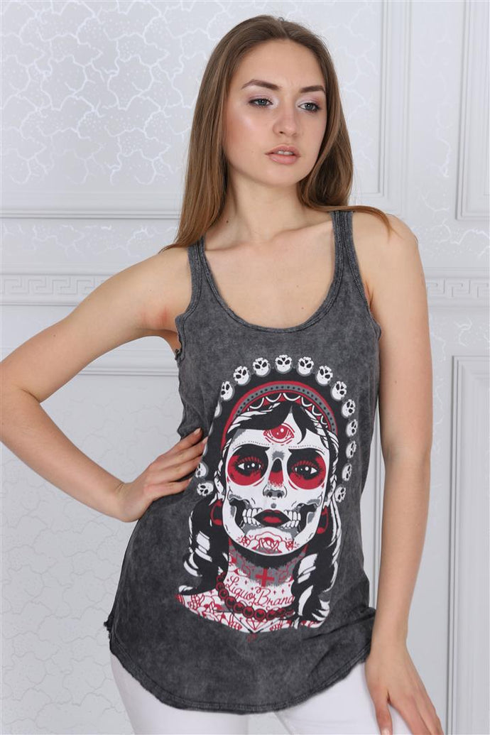 Anthracite Stone Washed Skull Queen Printed Cotton Women Vest