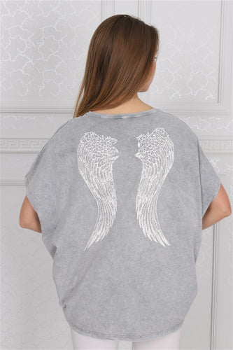 Grey Stone Washed Angel Wings Printed Cotton Women Balloon T-Shirt Tee Top Blousse Timya Wholesale S-Ponder