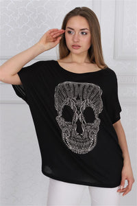 Black Lace Skull Cotton Women Balloon Cut T-Shirt Tee Top Blouse Timya Wholesale S-Ponder