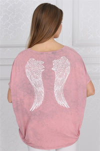 Grey Stone Washed Angel Wings Printed Cotton Women Balloon T-Shirt