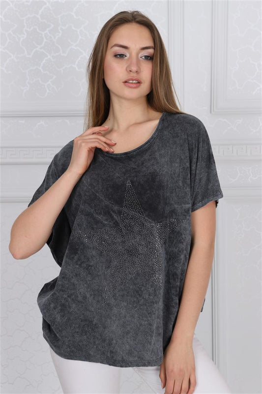 Black Anthracite Stone Washed Sparkle Star Cotton Women Balloon Cut T-Shirt Tee Top Timya Wholesale S-Ponder