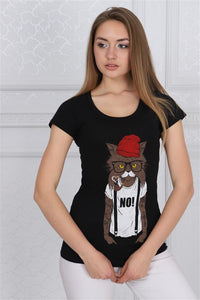 Black Red Hat Cat Animal Printed Cotton Women T-shirt Tee Top Timya Wholesale S-Ponder