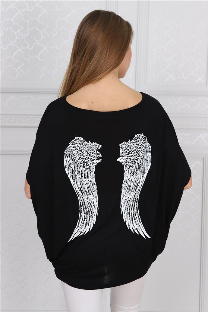 Grey Stone Washed Angel Wings Printed Cotton Women Balloon T-Shirt