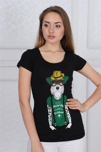 Black Beardy Dog Printed Cotton Women T-Shirt Tee Top Timya Wholesale S-Ponder