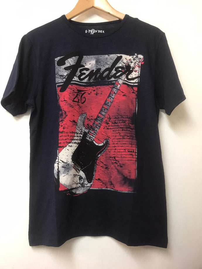 Navy Blue Fender Guitar Print Men's Cotton T-Shirt