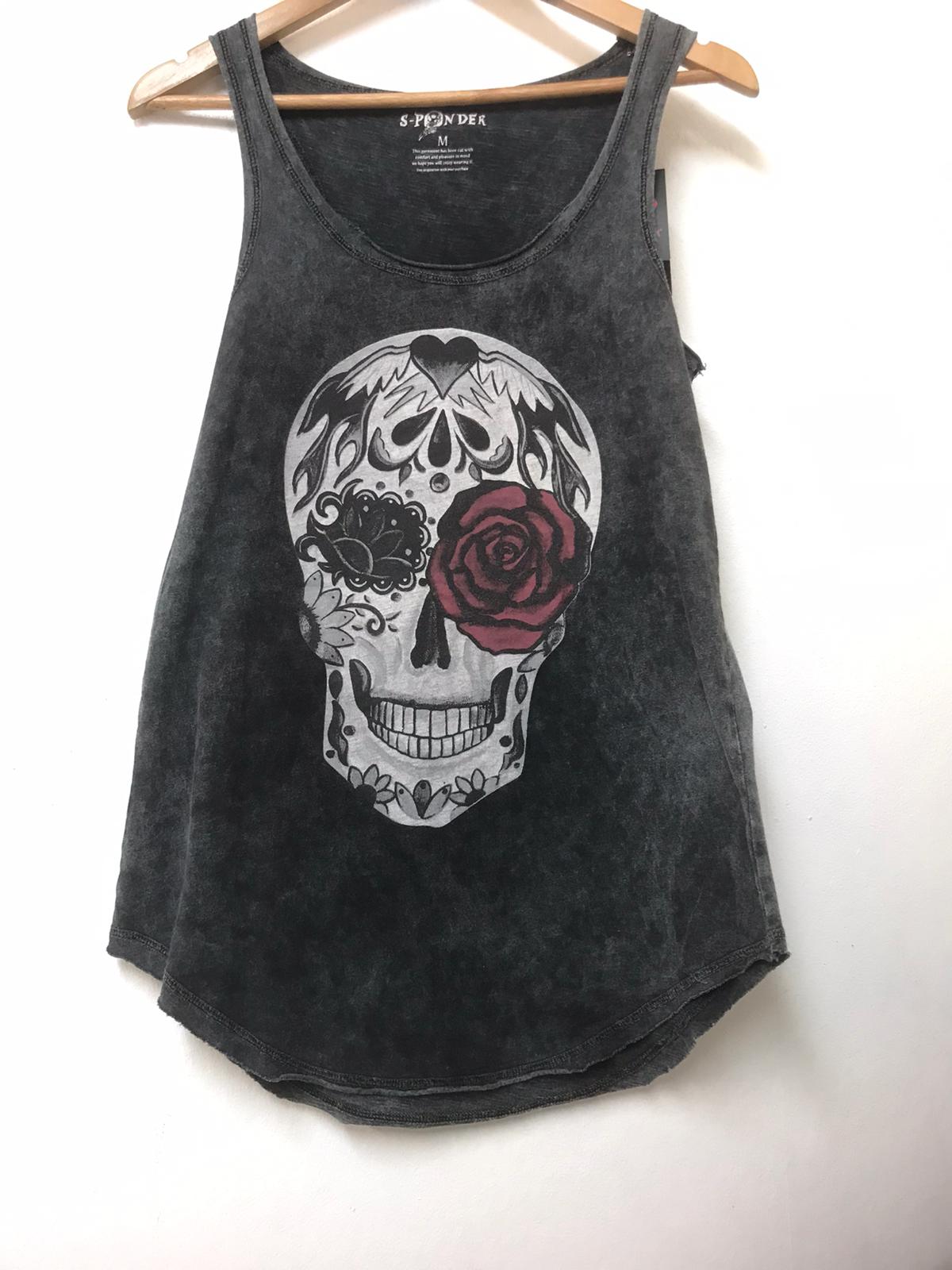 Stone Washed Rose Skull Print Women Top Tank