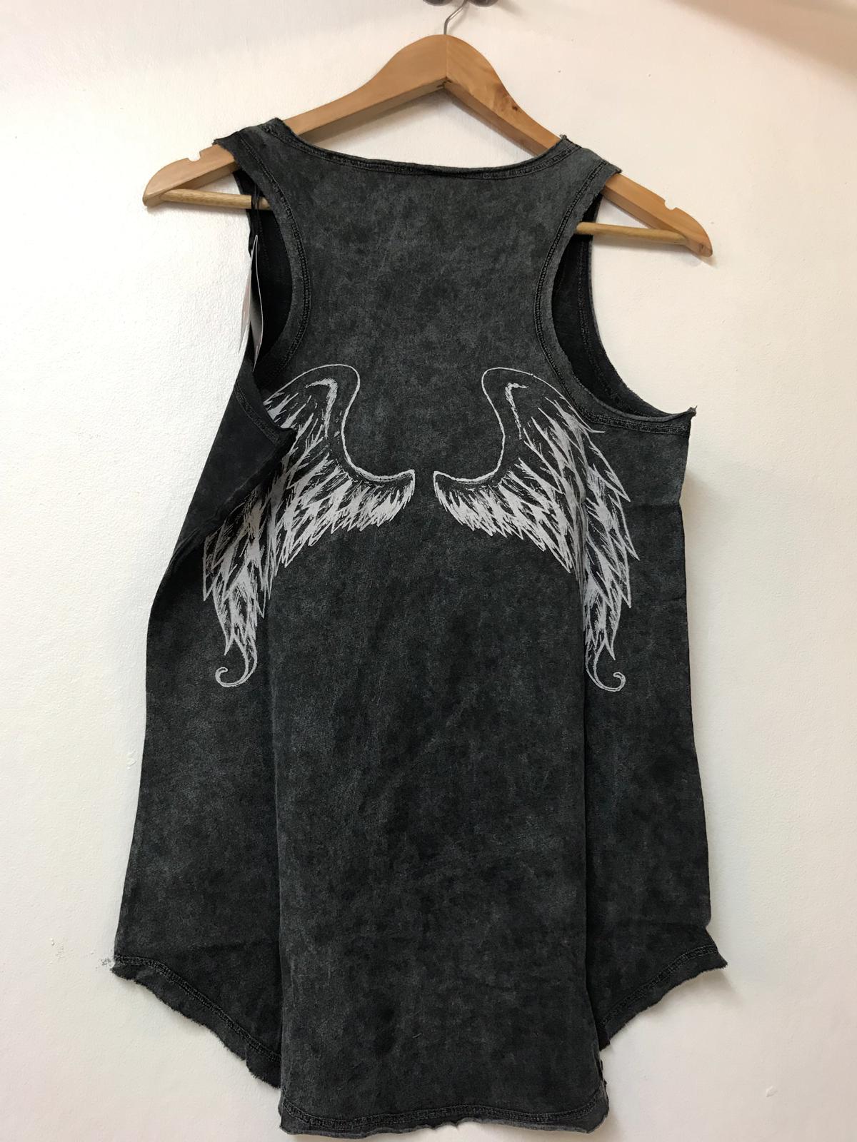 Stone Washed  Angel Wings  Printed  Back Cotton Women Vest