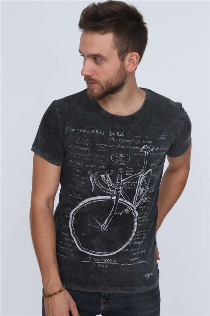 Black Anthracite Stone Washed Bicycle Printed Cotton T-shirt Tee Top Timya Wholesale S-Ponder