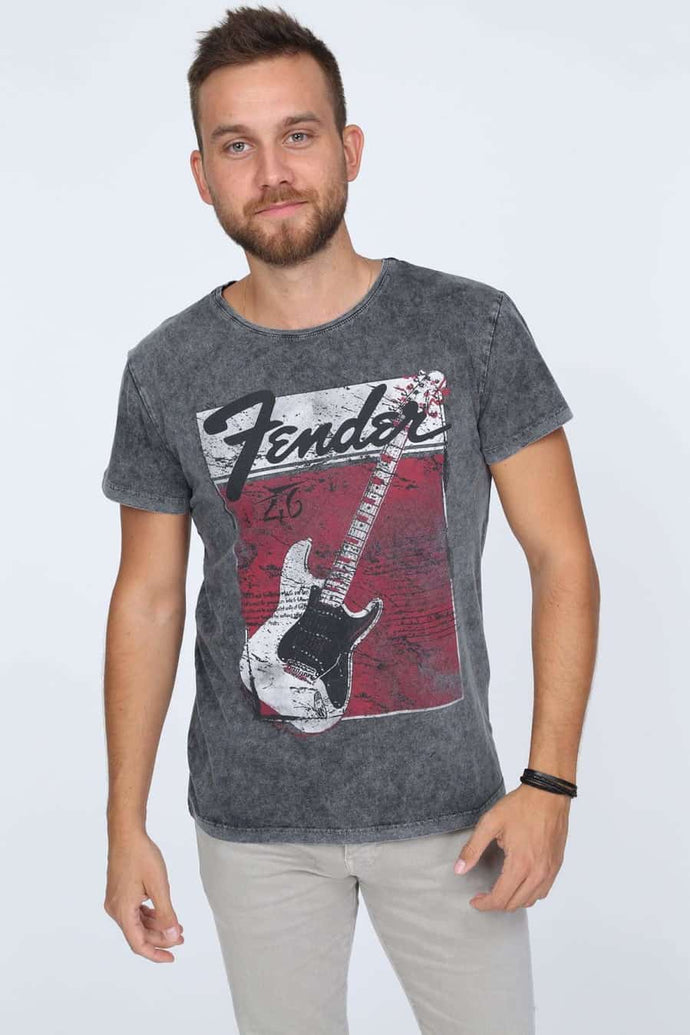 Anthracite Stone Washed Fender Guitar Printed Cotton T-shirt Tee Top Timya Wholesale S-Ponder