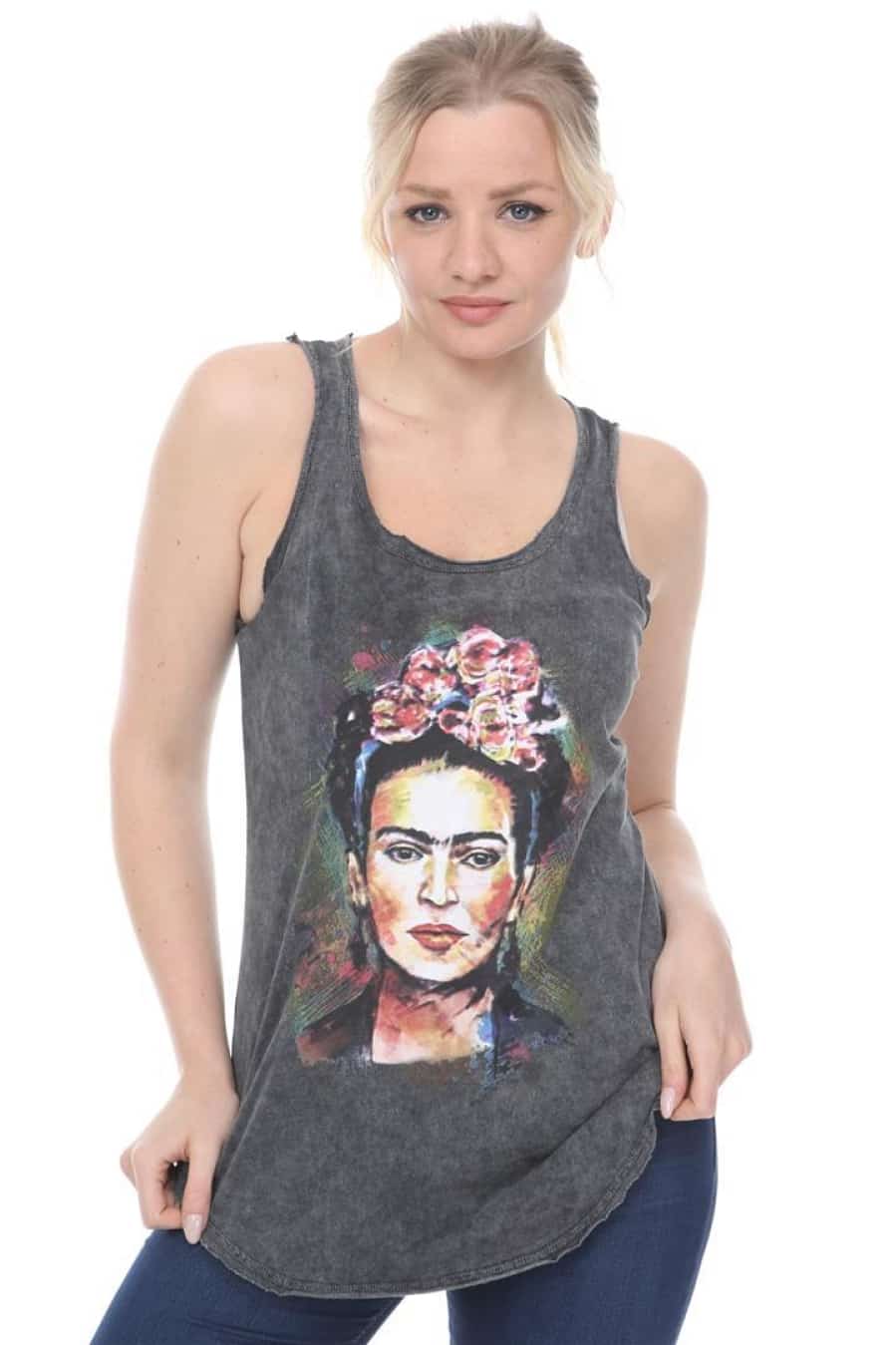 Anthracite Stone Washed Frida Kahlo Printed Cotton Women Vest Tank Top Timya Wholesale S-Ponder