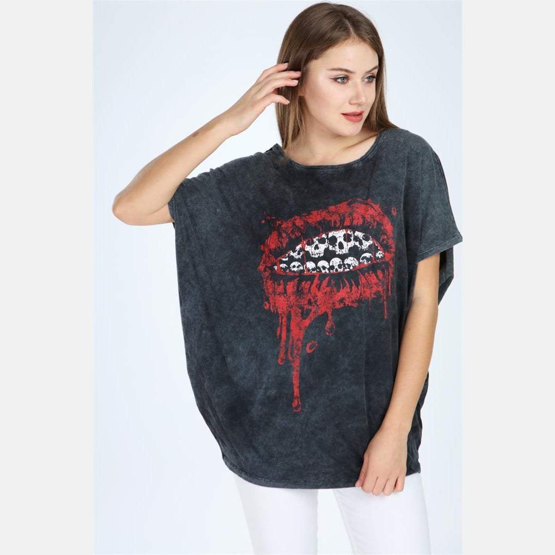 Navy Stone Washed Lip Printed Cotton Women Top