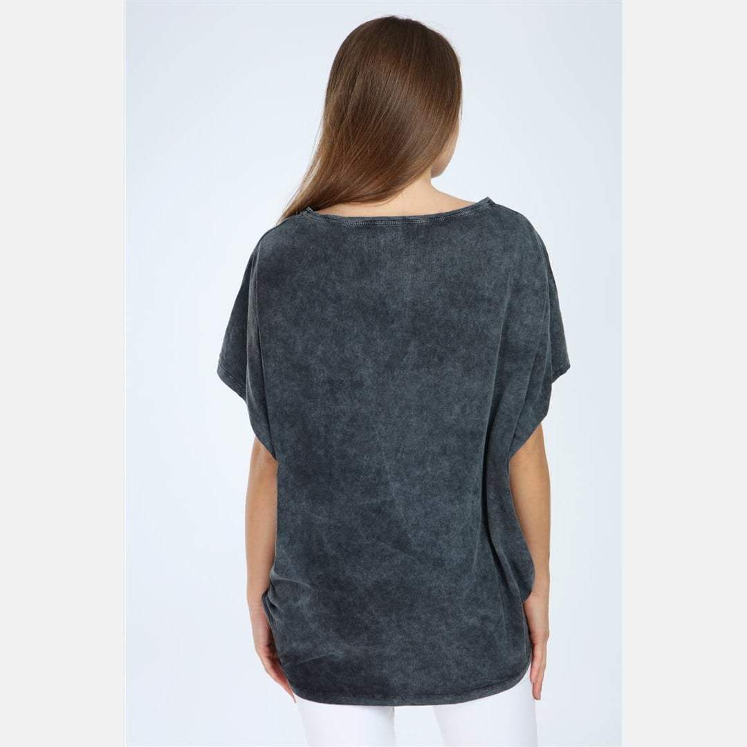 Navy Stone Washed Lip Printed Cotton Women Top