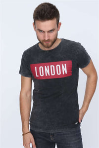 Black Anthracite Stone Washed London Printed Cotton T-shirt Tee Top Timya Wholesale S-Ponder