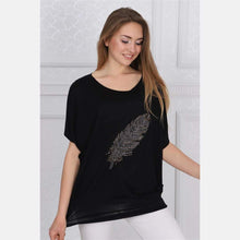 Load image into Gallery viewer, Black Big Feather Cotton Women Balloon T-Shirt

