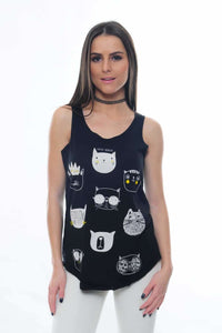 Black Cute Cat Faces Printed Cotton Women Vest Tank Top Timya Wholesale S-Ponder