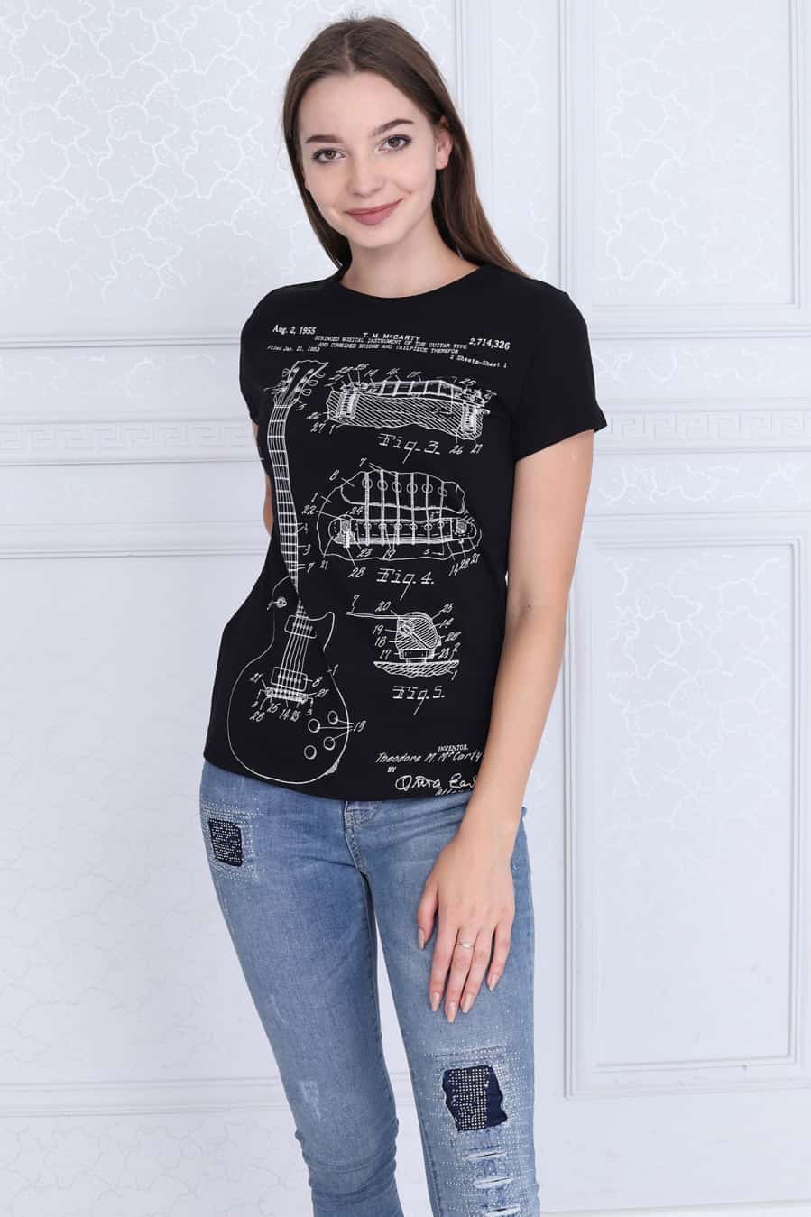Black Guitar Patent Printed Cotton Women T-shirt Tee Top Timya Wholesale S-Ponder