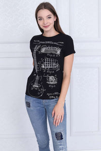 Black Guitar Patent Printed Cotton Women T-shirt Tee Top Timya Wholesale S-Ponder