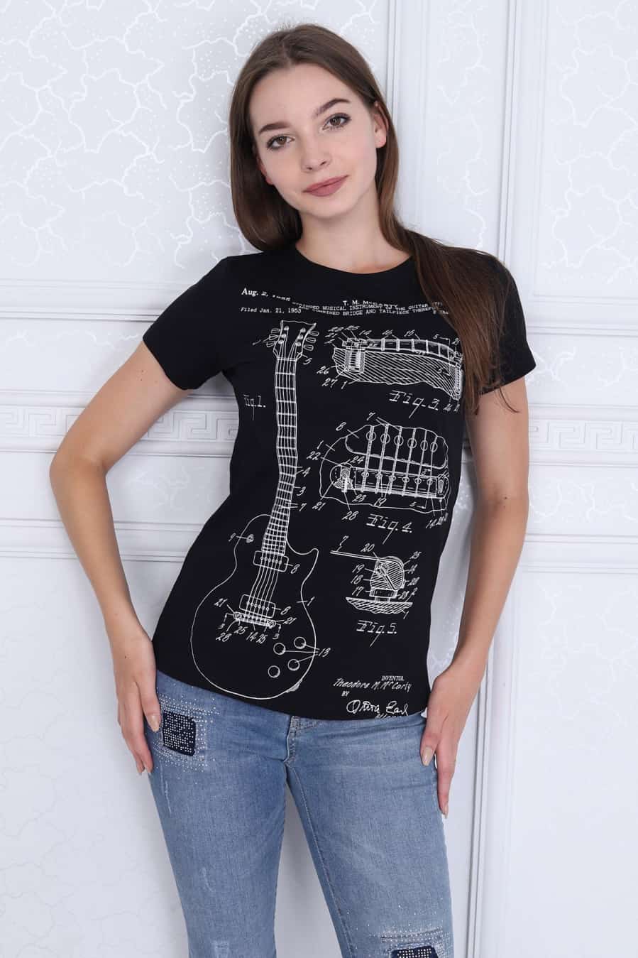 Black Guitar Patent Printed Cotton Women T-shirt - S-Ponder Shop