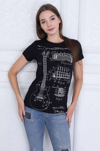 Black Guitar Patent Printed Cotton Women T-shirt - S-Ponder Shop