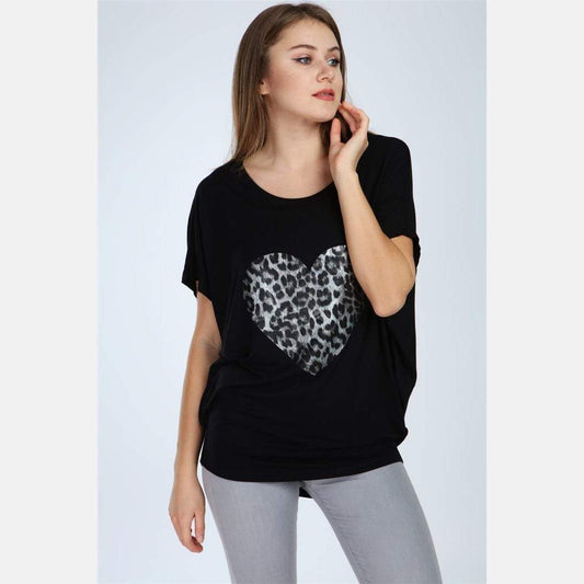 Black Leopard Heart Printed Cotton Women Blouse