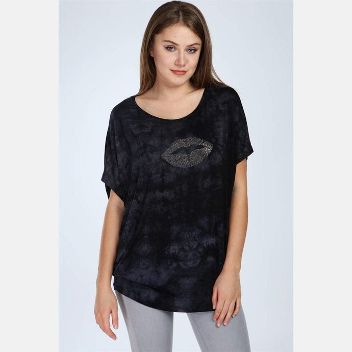 Black Shinny Stone Lips Cotton Women Blouse