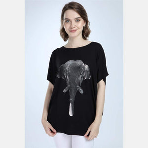 Black Silver Elephant Printed Cotton Women Top