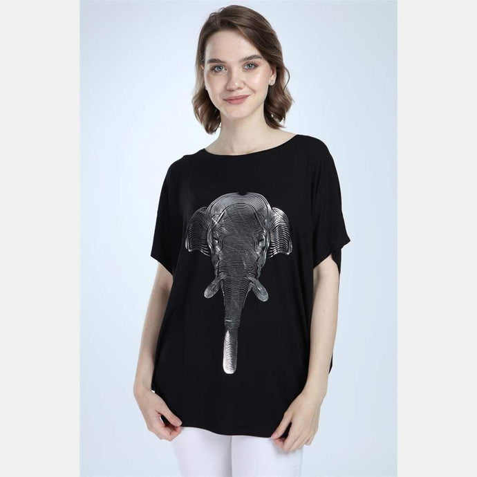 Black Silver Elephant Printed Cotton Women Top