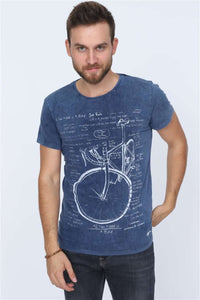 Blue Navy Stone Washed Bicycle Printed Cotton T-shirt Tee Top Timya Wholesale S-Ponder
