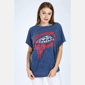 Navy Stone Washed Lip Printed Cotton Women Top