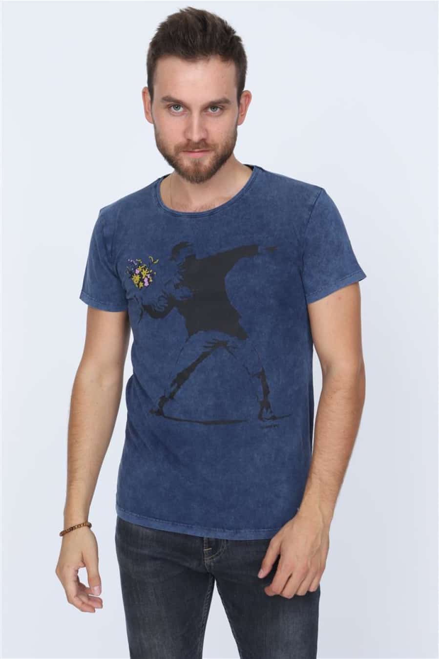 Blue Navy Stone Washed The Flower Bomb Thrower by Banksy Printed Cotton T-shirt Tee Top Timya Wholesale S-Ponder