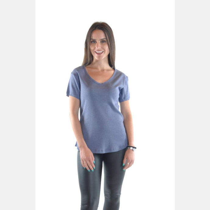 Blue V Neck Cotton Women T-Shirt