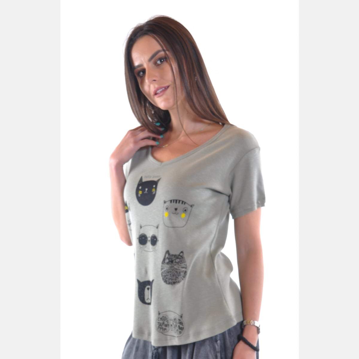 Green Cats Printed V Neck Cotton Women T-Shirt