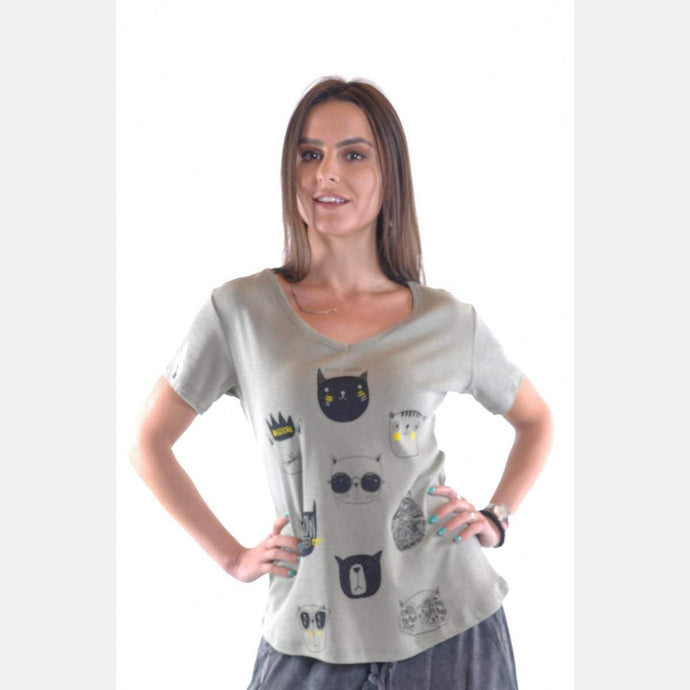 Green Cats Printed V Neck Cotton Women T-Shirt